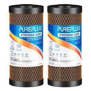 lot 1157 image: PUREPLUS 5 Micron 10 x 4.5 Whole House Coconut Shell Activated Carbon and KDF Water Filter, Heavy Metal Removal Replacement Water Filter, Compatible with GXWH40L, GXWH35F, BB10, CTO10BB-KDF, 2 PACK - Retail $63