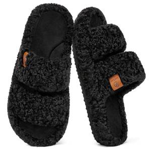 lot 1175 image: EverFoams Womens Fuzzy Open-toe Slippers Soft Comfy Memory Foam Indoor House Shoes Matt Black,9-10 US - Retail $24