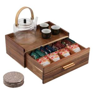 lot 1177 image: Tea Organizers and Storage Box Tea Station organizer for Countertop with 4 Cotton Woven Coasters Acacia Wood Tea Bag Organizer Drawer Teabag Holder with 8 Compartments Wooden Sugar Packet Holder - Retail $40