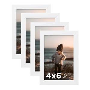 lot 1211 image: KINLINK 4x6 Picture Frame White Set of 4, Wooden Photo Frames with Plexiglass for 4x6 without Mat for Table and Wall Display&nbsp