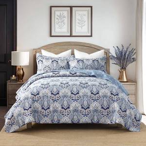 lot 1220 image: LORRIARD 100% Cotton Queen Quilt Set Navy Blue and Beige Paisley Floral Bedspread, Reversible Lightweight Quilt Bedding Set with 2 Pillow Shams, All Season Coverlet, 90 x 98 - Retail $95