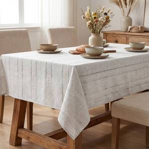 lot 1228 image: Horaldaily Light Grey Cotton Blend Tablecloth 60x84 Inch Rectangular, Farmhouse Style, Wrinkle Resistant Washable Table Cloth, Hemstitched Embroidery Table Cover for Home - Retail $22