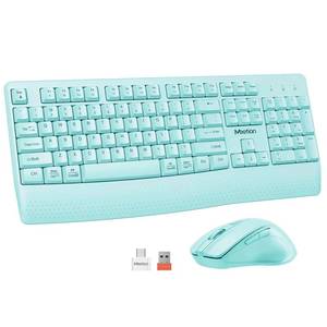 lot 1240 image: MEETION Wireless Keyboard and Mouse, Full-Sized Cordless Keyboard with Wrist Rest, 3 DPI Adjustable Mouse, 2.4GHz USB-A Receiver, Computer Keyboard for PCComputerLaptopWindowsMac, Blue - Retail $30