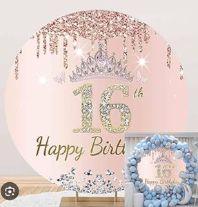 lot 1241 image: Sweet 16th Birthday Round Backdrop Cover with Crown and Glitter Design 93in Diameter 87.5in Design