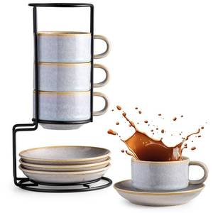 lot 1244 image: Gomakren 6 Ounce Cappuccino Cups with Saucers and Metal Stand, Stackable Coffee Cup Set of 4, Porcelain Espresso Cups for Coffee Drinks, Cappuccino, Latte, Americano, Tea, Gray - Retail $32