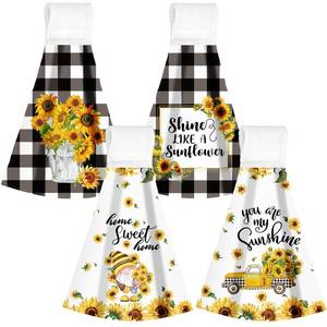lot 1256 image: Sratte 4 Pcs Sunflower Hanging Kitchen Towels Hand Towels with Hanging Loop Summer Buffalo Plaid Gnomes Sunshine Dish Towels Bath Absorbent Oven Stove Wash Cloth for Home Decorative Housewarming Gift&nbsp