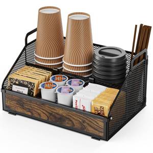 lot 1291 image: GSlife Coffee Station Organizer with Adjustable Dividers - Metal Mesh Countertop Accessories Organizer with Rustic Wood-Grain Front for Cups, Pods, Condiment, Syrup, Stirrers, Coffee Bar Decor, Black - Retail $22