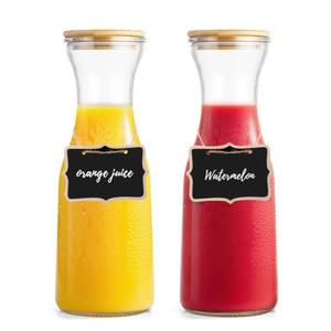 lot 1296 image: Tinaforld Glass Carafe with Bamboo Lid, 35 Oz Beverage Dispensers Carafe, Mimosa Bar Supplies, Round Clear Glass Pitcher with Name Labels for Iced Tea, Coffee, Juice(Set of 2)&nbsp