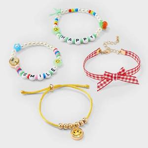 lot 115 image: Girls 4pk Red Bow and Smiley Bracelet Set - Cat & Jack Multi-Strand Acrylic, Zinc Alloy, 6 Length - Retail $6