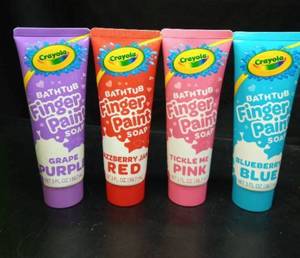 lot 108 image: Crayola Bathtub Fingerpaint 4 Color Variety Pack, 3 Ounce Tubes (Radical Red, Flamingo Pink, Bluetiful Blue and Royal Purple)- Retail $12