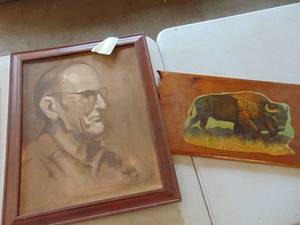 lot 4841 image: Oil On Canvas and Wooden Bison Plaque