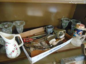 lot 4924 image: Contents of shelf- sundae glasses, stein,kitchen utensils