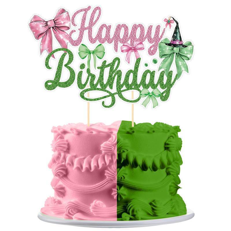 lot 35882 image: Weysat Witch and Princess Happy Birthday Cake Topper Glitter Pink and Green Bow Cake Decorations Birthday Party Pick for Fantasy Themed Party Supplies. Some of the white bits have been taken out, see Picture for reference. - Retail $6