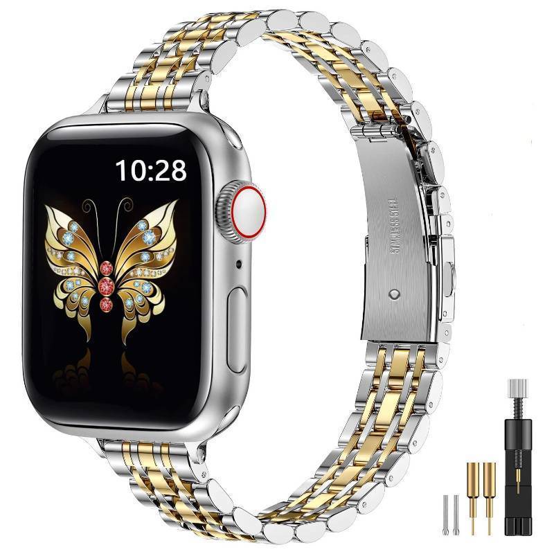 lot 35901 image: MioHHR Slim Metal Band Compatible with Apple Watch Band 42mm(Series 11 10) 41mm(Series 9 8 7) 40mm(Series 6 5 4 SE321) 38mm(Series 3 2 1),Stainless Steel iWatch Bands for Women,SilverGold - Retail $13
