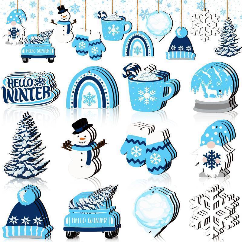 lot 35919 image: Yalikop 48 Pcs Hello Winter Wood Ornaments Blue Winter Snowflake Gnome Snowman Truck Cutouts Christmas Ornaments Small Welcome Christmas Tree Hanging Sign Decorations - Retail $10