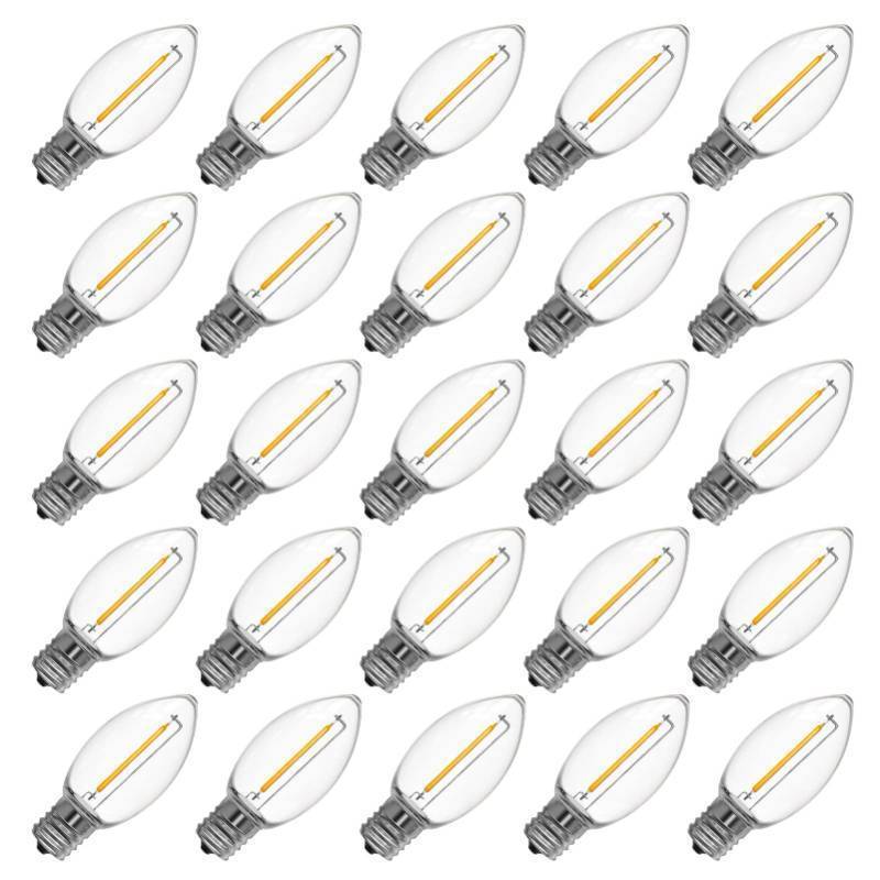 lot 35938 image: Meconard C9 Led Replacement Christmas Light Bulb, 25 Pack C9 Shatterproof Led Bulbs for Christmas Outdoor String Lights, E17 Intermediate Base, Commercial Grade Holiday Bulbs, Warm White - Retail $20