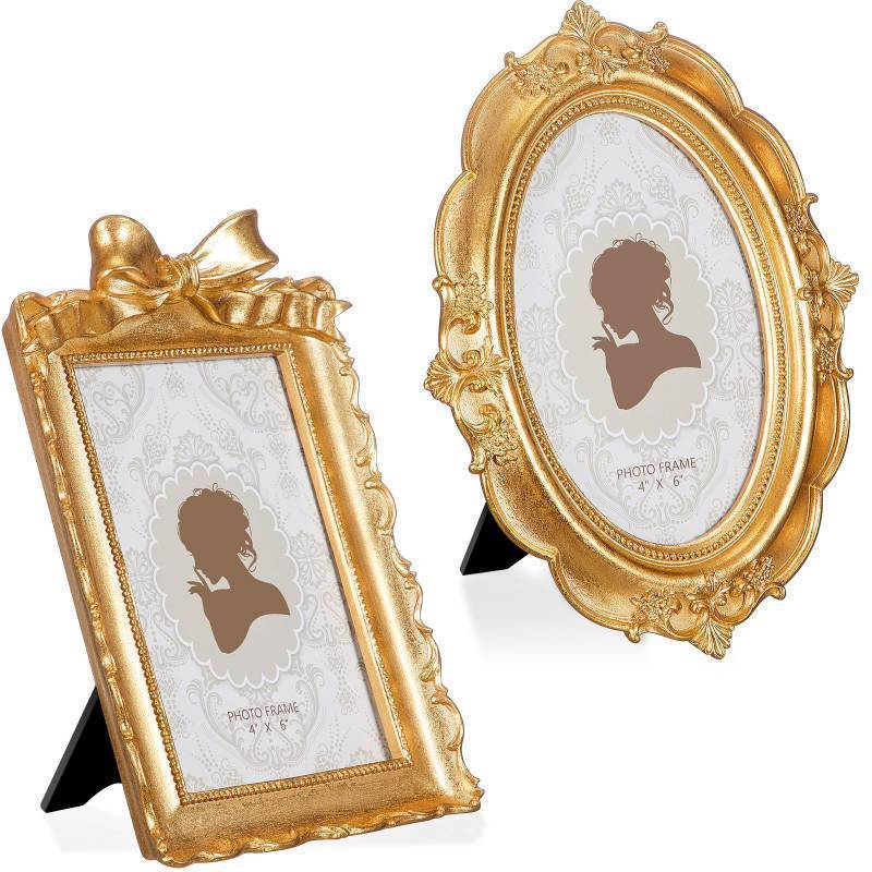 lot 35944 image: Qunclay 2 Pcs 4 x 6 Inches Vintage Picture Frames Antique Baroque Ornate Resin Rectangle Oval Photo Frames with Glass Front Tabletop and Wall Decor for Home Wedding Christmas Party Decor(Gold) - Retail $28