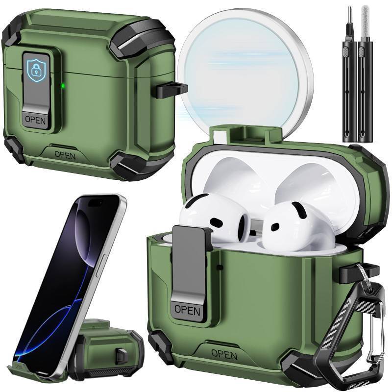 lot 36037 image: Compatible with AirPods 4th Case with Phone Stand & Cleaning Kit,Compatible with Magsafe,Magnetic Automatic Lock for Airpods 4 with Active Noise Cancellation Charging Cover (2024) - Retail $16