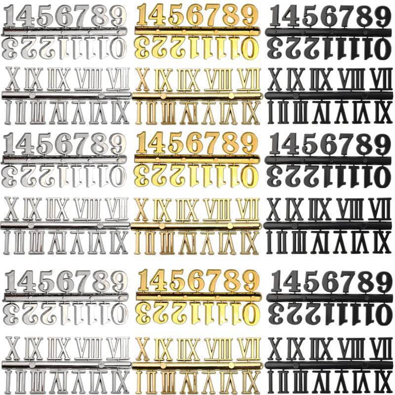 lot 36075 image: 18Sets Clock Numerals Kit Including Arabic Number and Roman Number DIY Digital Clock Numbers for Design Replacement Repairing Clock Accessories (Gold, Silver, Black) - Retail $12