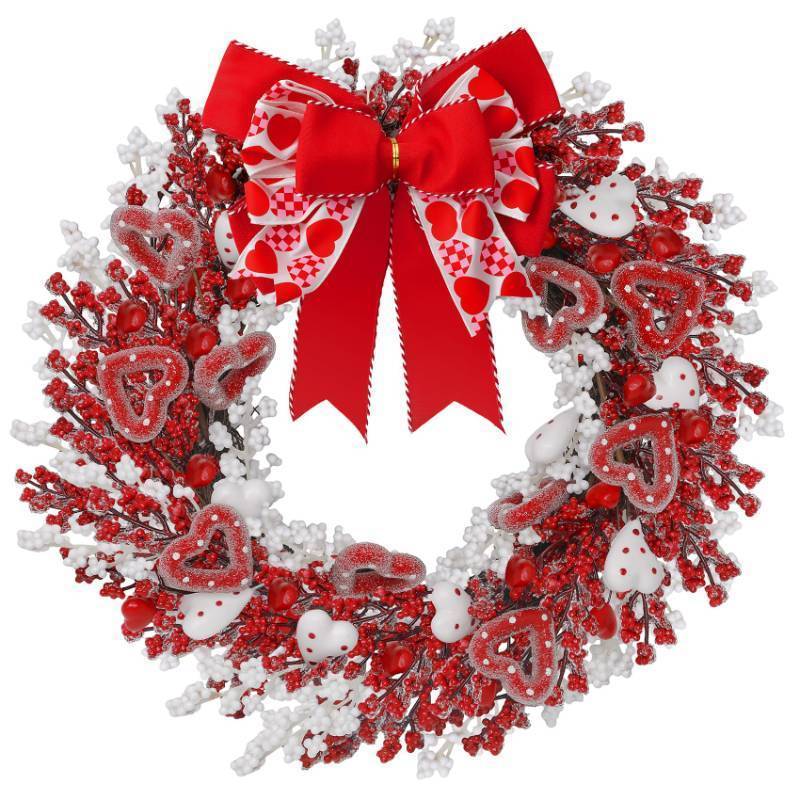 lot 36092 image: 22 Valentines Day Wreath with Red & White Hearts and Berries, Large Valentine Wreaths for Front Door, Romantic Valentines Wreath with Bow for Home Decor - Retail $36