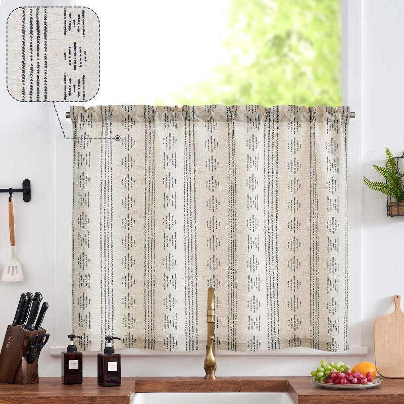 lot 44883 image: Boho Kitchen Curtain Linen Tier Curtain Bohemian Cafe 24 Inch Geometric Striped Small Window Drape Light Filtering Farmhouse Country Rustic for Bathroom RV 1 Panel Black on Beige - Retail $13