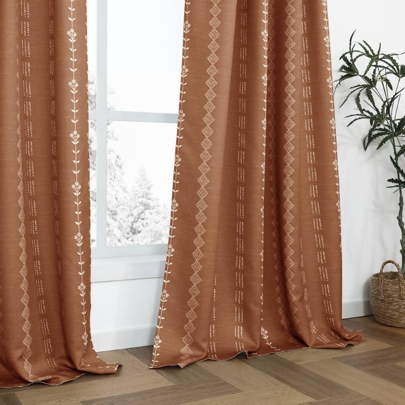 lot 44914 image: 90 Inch Long Moody Boho Blackout Curtains, Terra Cotta Floral Pattern Room Darkening Drapes for Living Room Bedroom 2 Panels Set - Retail $37