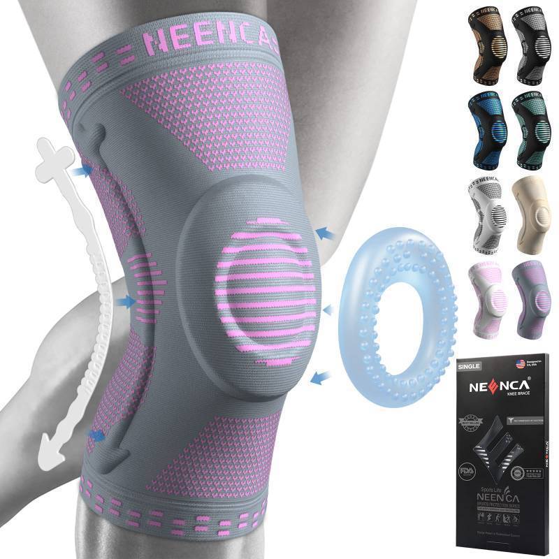 lot 44920 image: Professional Knee Brace for Pain Relief, Medical Knee Support with Patella Pad & Side Stabilizers, Compression Knee Sleeve for Meniscus Tear, ACL, Joint Pain, Runner, Workout (Pink Gray, L) - Retail $27