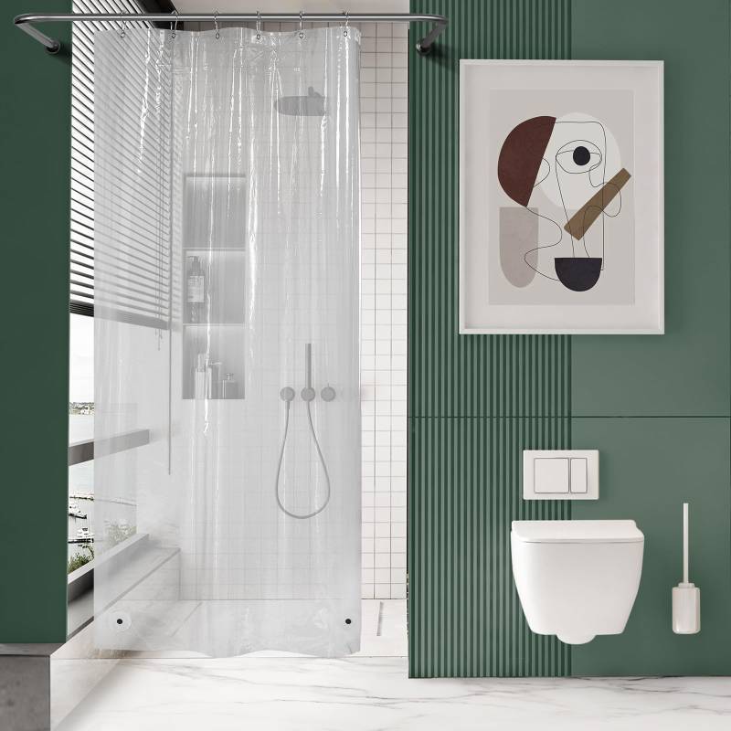 lot 44922 image: Small Shower Curtain Liner, 36x72 Stall Plastic Clear Shower Curtain Liner, PEVA Cute Narrow Shower Liner, Stand Up Shower Curtain Liners with 2 Magnets and 6 Rustproof Grommet Holes - Retail $7