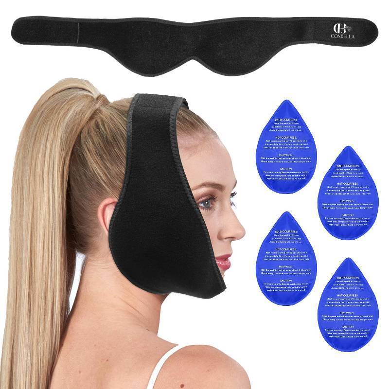 lot 44931 image: Wisdom Teeth Ice Pack Head Wrap for Pain Relief - Cold Hot Therapy for Face, Jaw & Oral Surgery with 4 Gel Packs, TMJ, Tooth Extraction, Tonsillectomy Recovery-Black - Retail $10