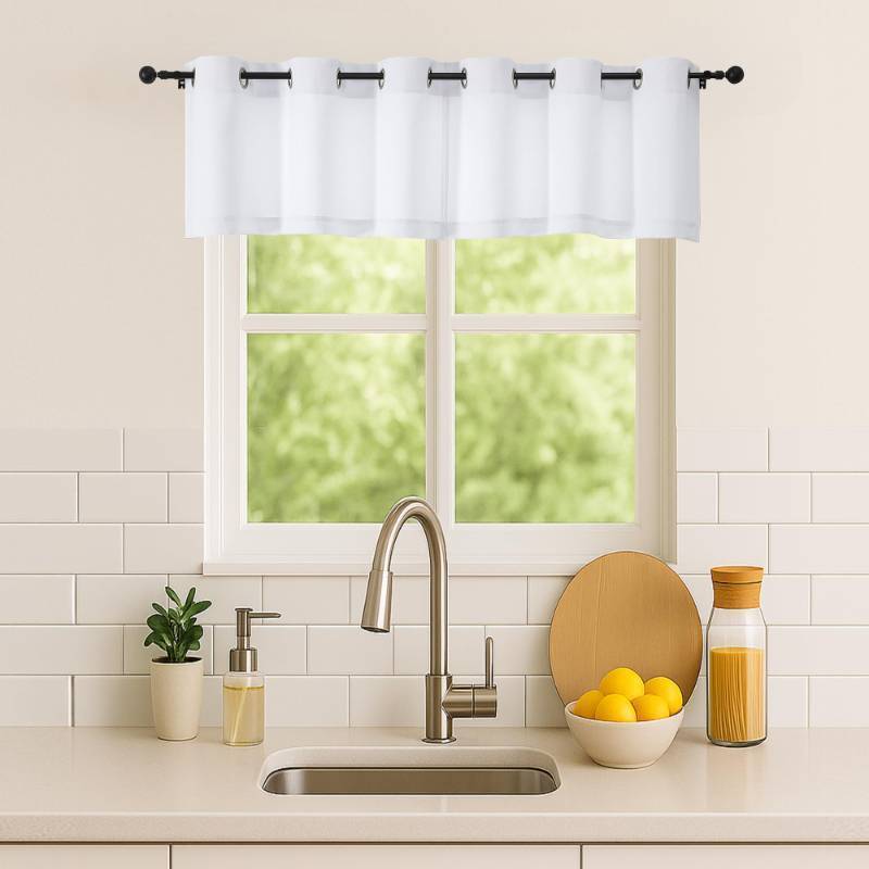 lot 44945 image: Pure White Window Valance for Kitchen 14 Inches Long 2 Panels Set, Light Filtering Valance Curtains for Living Room, Grommet Short Privacy Kitchen Curtains for Bedroom Kids Room, 40Wx14L - Retail $13
