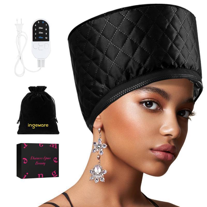 lot 44959 image: Heat Cap for Deep Conditioning, Thermal Cap for Hair Steamer Cap for Natural Hair Portable Electric Heat Hair Spa Cap for Home Use Pattern (Solid Black) - Retail $22