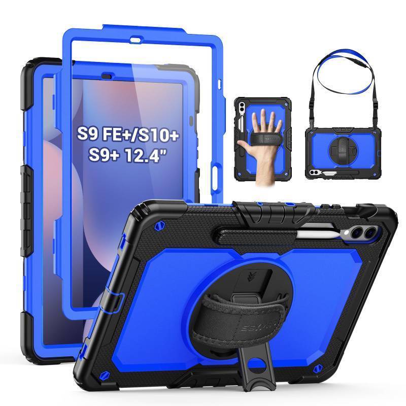 lot 44996 image: Case for Samsung Galaxy Tab S10 Plus 2024 S9 FE Plus S9 Plus 12.4 2023, Heavy Duty Shockproof Protective Case with Screen Protector, Stand, HandShoulder Strap and Pen Holder, Blue - Retail $34