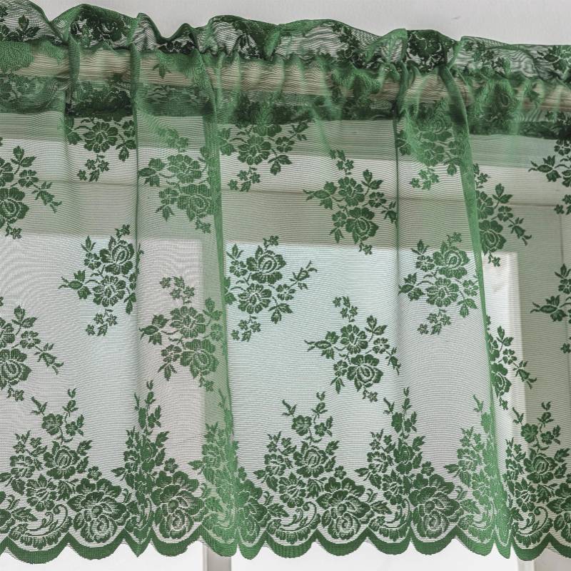 lot 45012 image: Emerald Green Sheer Valance 18 Inch Length, 2 Panel Country Floral Rustic Scalloped Lace Kitchen Valance for Windows, Rod Pocket Privacy Moody Dark Green Kitchen Curtains Valance, 52 x 18 Inch - Retail $13
