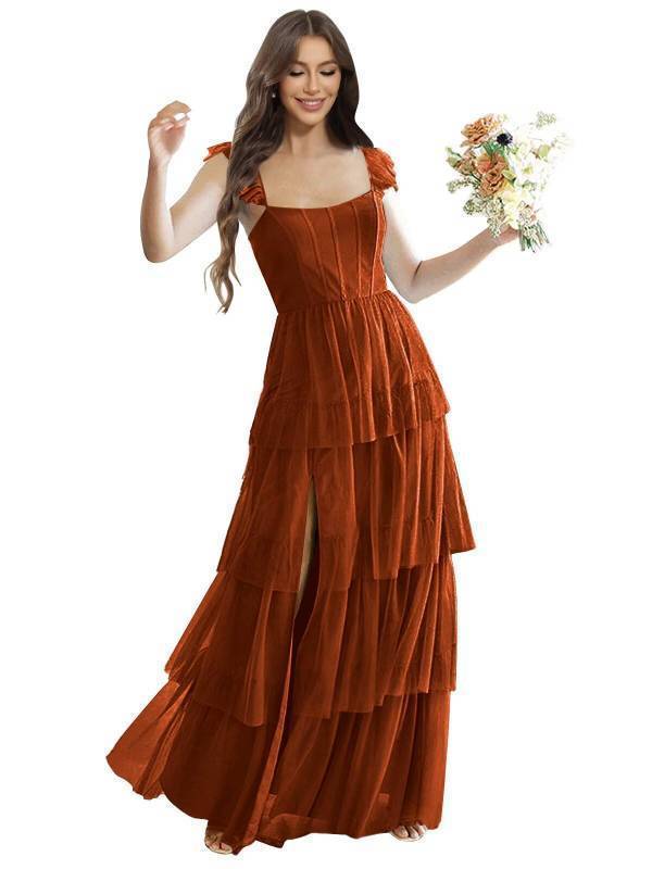 lot 45023 image: Tulle Bridesmaids Dresses Burnt Orange for Women Long A-Line Square Neck Tiered Skirt Evening Ball Gown Size 10 - Retail $83