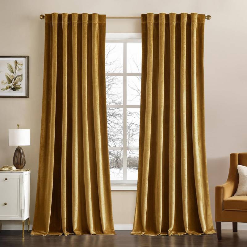 lot 45025 image: Velvet Curtains 72 Inch Wide - Extra Wide Luxury Room Darkening Curtains for Sliding Door Bedroom Living Room Thermal Insulated Soft Window Drapes Back Tab, Gold, W 72 x L 84 inch 2 Panels - Retail $51