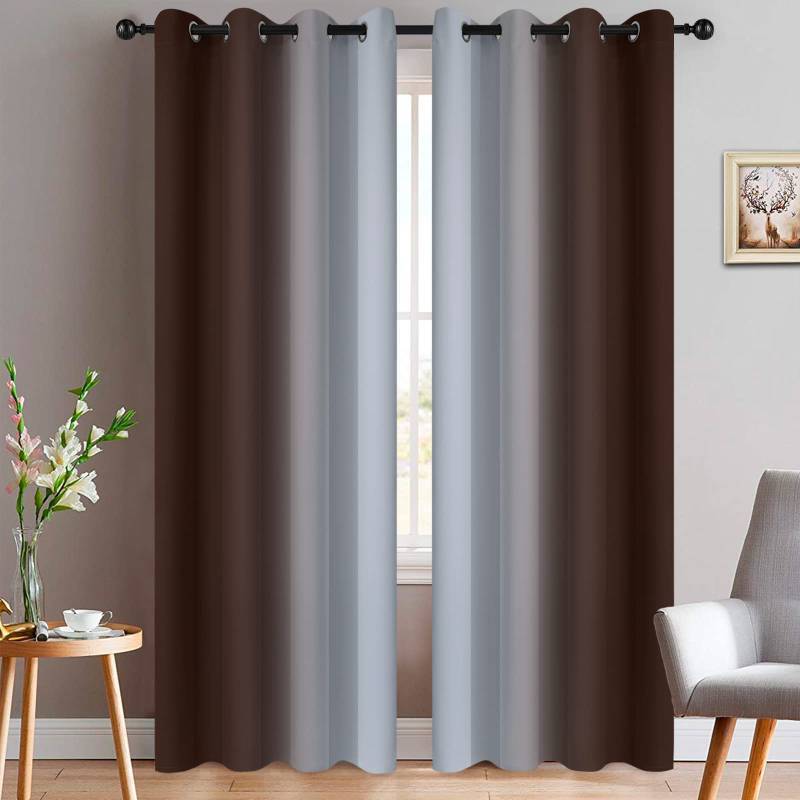 lot 45034 image: 84 Inch Length Thermal Insulated Gradient Color Ombre Curtains with Grommet, Room Darkening Window Drapes for Bedroom (Brown and Greyish White, 52x84 Inch, Set of 2) - Retail $41