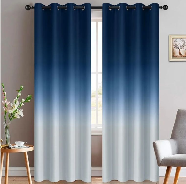 lot 45037 image: Blue and Greyish White Thickening Polyester Ombre Curtains, Light Blocking Gradient Color Curtains, Room Darkening Grommet Window Drapes for Living RoomBedroom (2 Panels, 52x84 Inch) - Retail $25