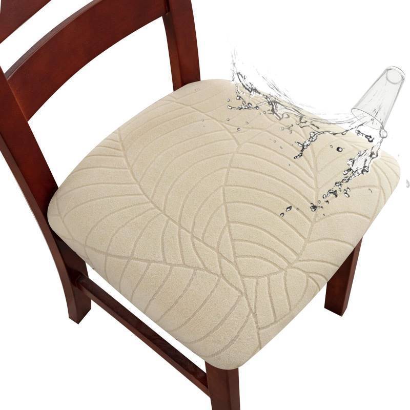 lot 45042 image: Waterproof Seat Covers for Dining Room Chairs, Stretch Chair Covers Removable Washable Dining Room Kitchen Chair Seat Cushion Slipcovers (Leaves-Beige, 6 PCS) - Retail $38