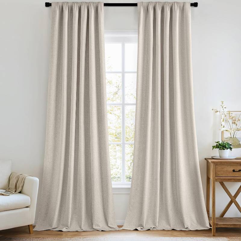 lot 45045 image: 100% Blackout Curtains 84 Inch Long 2 Panels Set for Bedroom, Thick Luxury Faux Linen Black Out Curtain Room Darkening Back Tab Pleat Window Textured Drapes with Hooks for Living Room, Beige - Retail $45