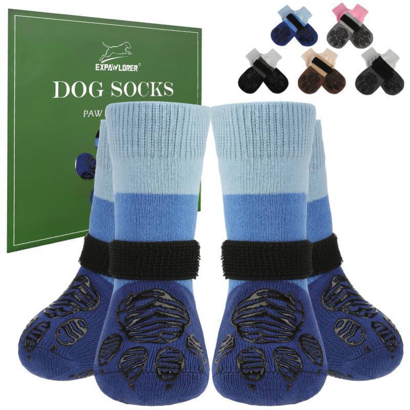 lot 55828 image: Anti Slip Dog Socks to Prevent Licking Paws, Dog Shoes for Cold Winter, Dog Booties for Hardwood Floors, Dog Boots & Paw Protectors with Grippers for Small Medium Large Senior Dogs Blue M - Retail $13