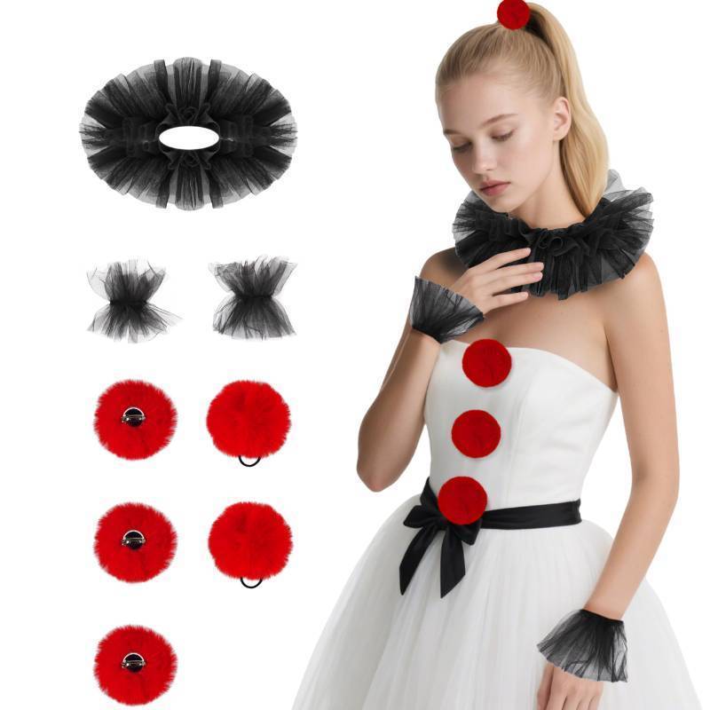 lot 55833 image: Clown Neck Ruffle Collar And Cuffs With Red Pompoms Vintage Jester Costume For Halloween Renaissance Victorian Choker C - Retail $20