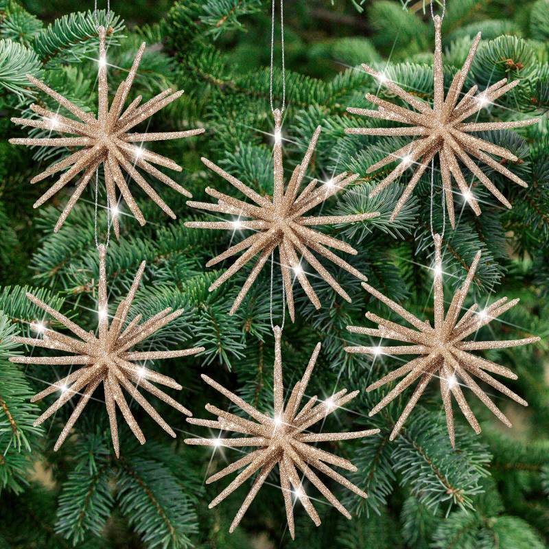 lot 55855 image: 6 Pcs 4 Inch Gold Christmas Star Ornament for Christmas Tree Glitter Exploding Starburst Bethlehem Star Decor 3D Hanging Pendant for Xmas Tree Party Indoor Outdoor Decor - Retail $31