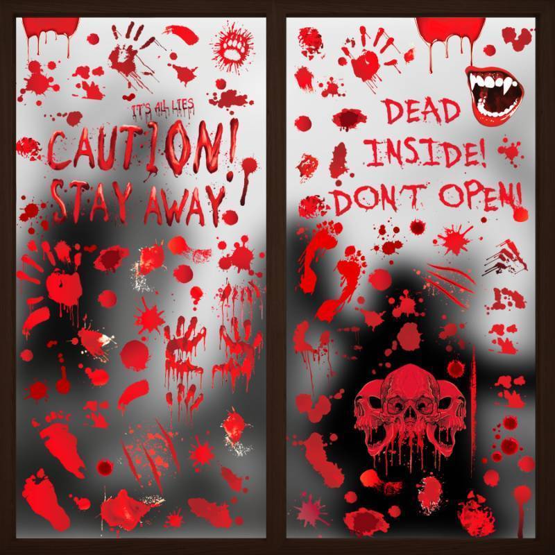 lot 55871 image: Halloween Decorations, Terror Bloody Handprint Footprint Window Stickers, 9 Sheets Halloween Clings for Window Wall Floor Glass Bathroom Outdoor Indoor Holiday Party - Retail $4
