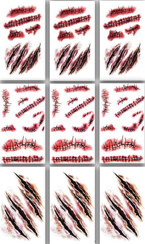 lot 55873 image: 9pcs Halloween zombie makeup Fake Bloody Wound Stitch Scar Waterproof Temporary Tattoo Sticker Halloween Masquerade Prank Makeup Props - Retail $7