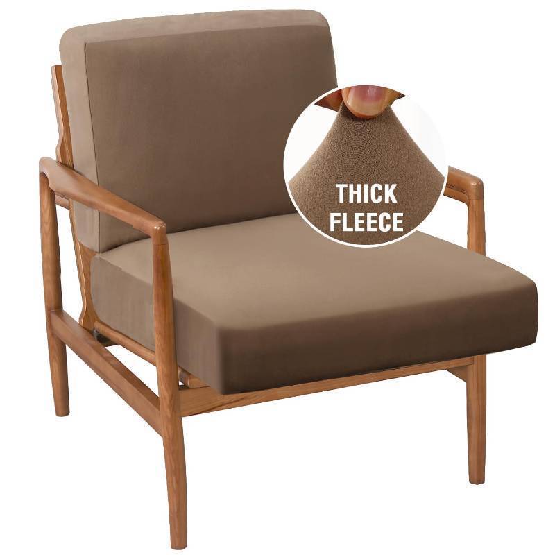 lot 55883 image: Fleece Chair Cover Stretch Cushion Covers for Couches and Sofas 2 Piece Thick Soft Accent Chair Cover for Mid-Century Modern Chair (Seat Cushion Cover Plus Back Cushion Cover, Camel) - Retail $37