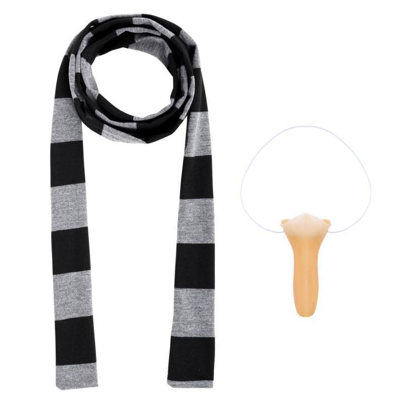 lot 55957 image: Novelty Gray and Black Striped Scarf and Fake Long Nose Cosplay Costumes for Adults Halloween Party - Retail $7