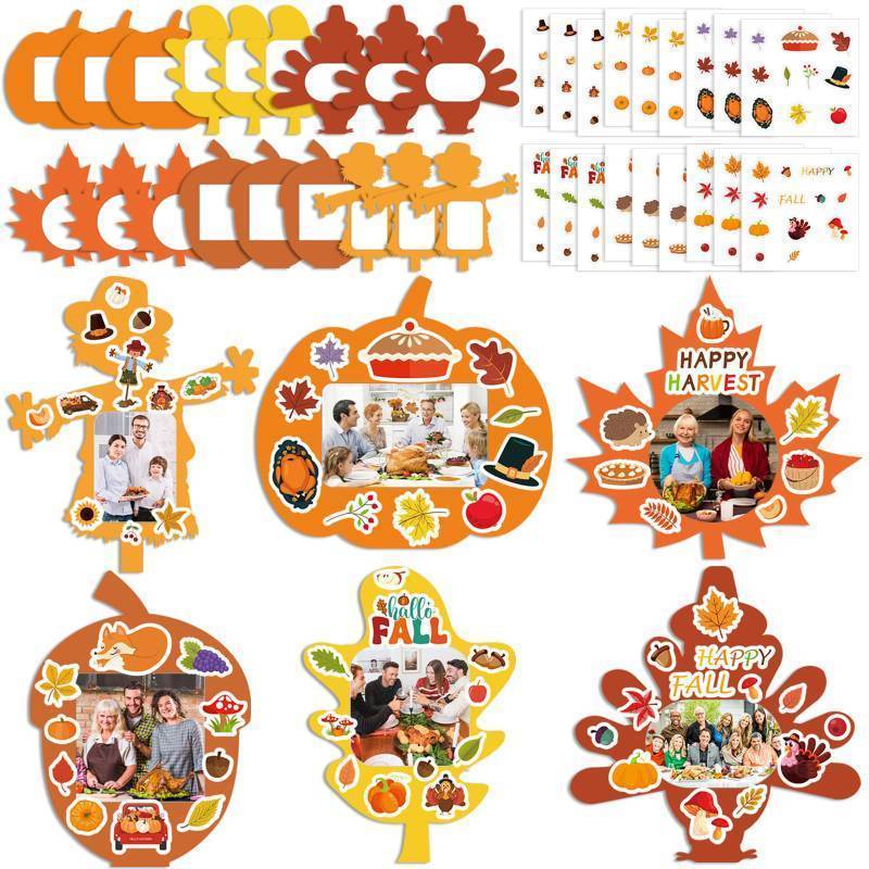 lot 55969 image: 24 Sets Fall Thanksgiving Picture Frames Crafts Kit - DIY Fall Crafts for Happy Harvest Thanksgiving Party Decorations Favor Art Gift Classroom Home Activities - Retail $9