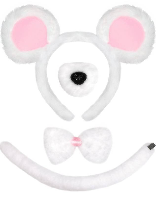 lot 55982 image: White Mouse Costume Set - Mouse Ears Headband, Nose, Bow and Tail Mouse Costume Women Halloween Accessories Set for Adult. PARTS MISSING. - Retail $8