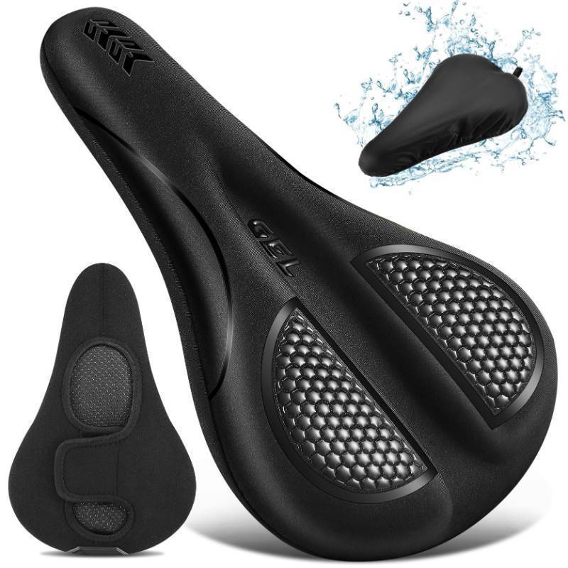 lot 56009 image: Bike Seat Cushion - Gel Padded Bike Seat Cover for Men Women Comfort, Extra Soft Exercise Bicycle Seat Compatible with Peloton, Outdoor & Indoor with Adjustable Velcro Secure Black - Retail $17