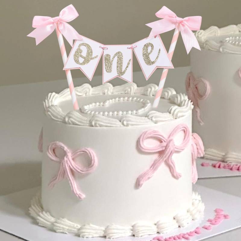 lot 15615 image: Pink Bow Ribbon Cake Topper - Bow Birthday Cake Topper,Coquette Themed Party Supplies, Shes Tying The Knot, Bow 1st Birthday Cake Smash - Retail $15